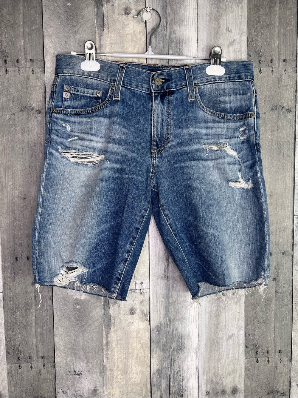 AG ADRIANO GOLDSCHMIED The Nikki Shorts Índigo Deluge Destructed Ripped Size 27